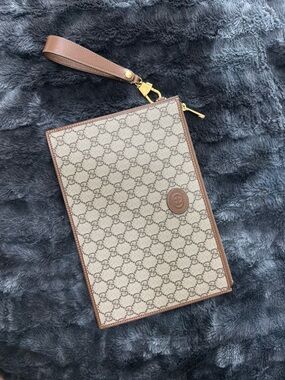 Gucci Beige Monogram Wristlet Pouch with Brown Leather Trim